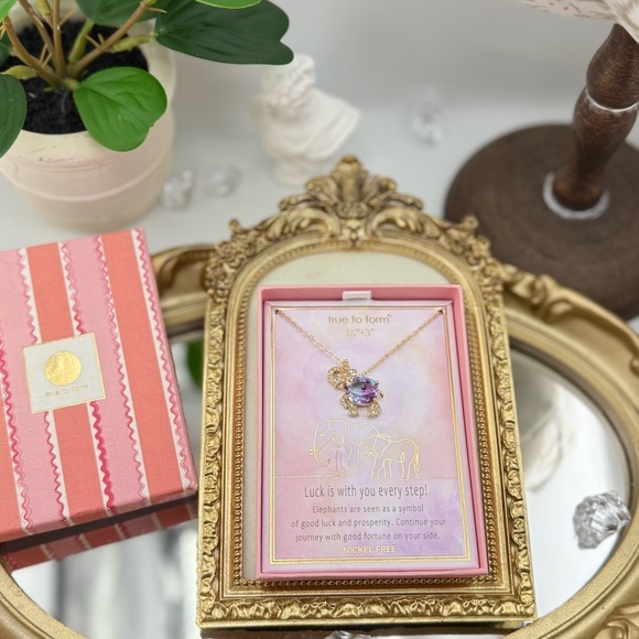 True to Form Lucky Elephant Charm Necklace - Gold with Purple Crystal New in Box - Picture 1 of 5